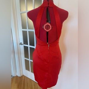 Red Halter Party Dress with Scalloped Hem